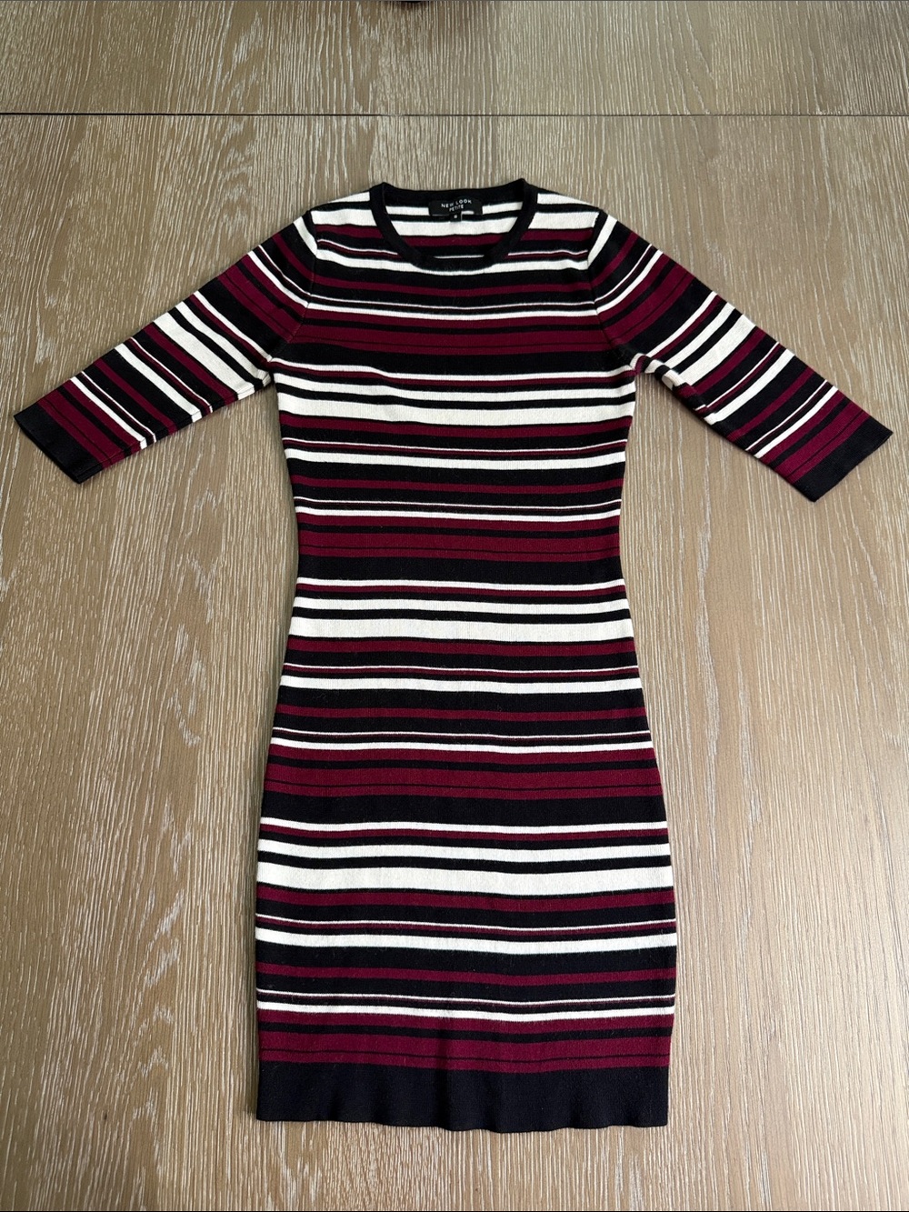 Gently worn new look petite Striped Knit Bodycon Dress-Burgundy, Black & White